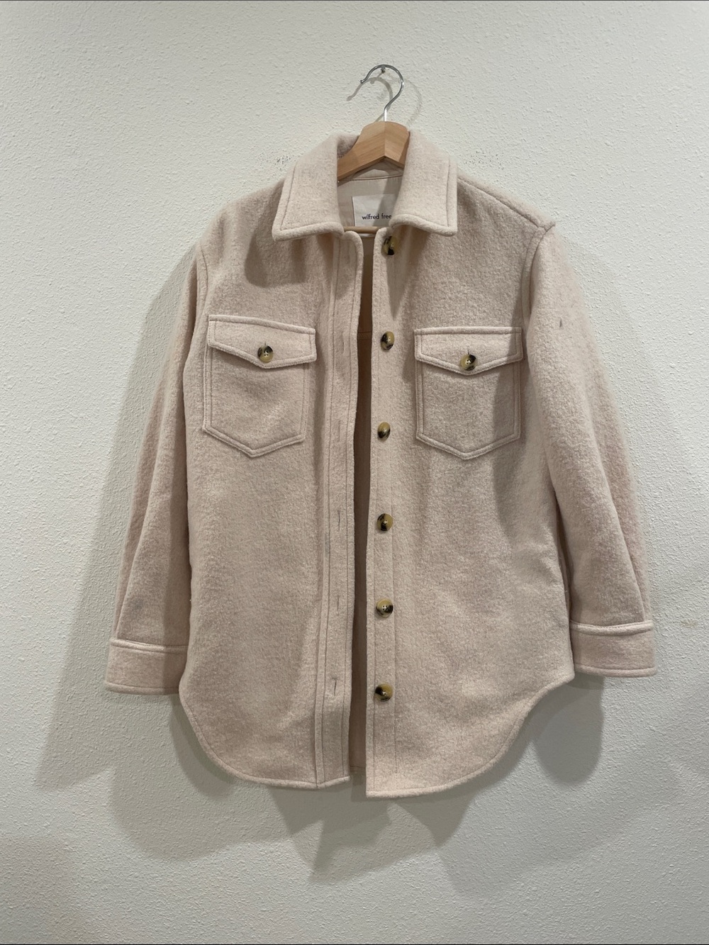 Aritzia Wilfred 100% Merino Wool Tan Shacket Jacket Cream XS Oversized